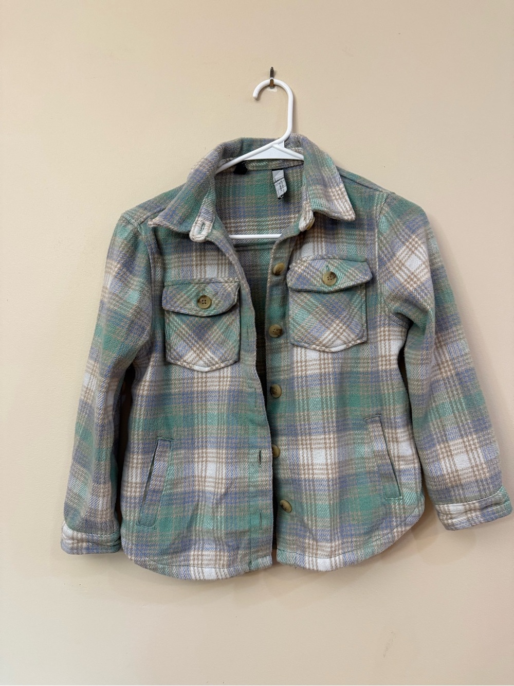 Kids Plaid Button-Front Jean Jacket - Green & Cream